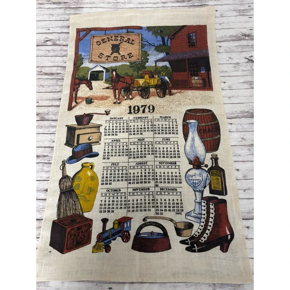1979 Vintage MCM Linen Calendar Tea Towel Wall Hanging Country Horses Folk Art